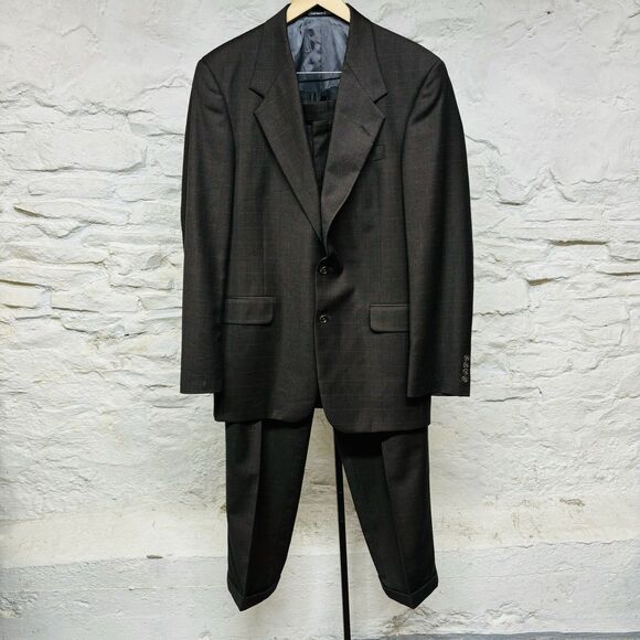 Tom James 2 Piece Suit 40L Chocolate Brown Prince of Wales Plaid Pleated Cuffed - Picture 1 of 15